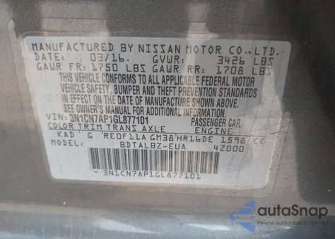 2016 Nissan Versa 1.6 S/1.6 S+/1.6 Sl/1.6 Sv from USA, damaged, VIN 3N1CN7AP1GL877101